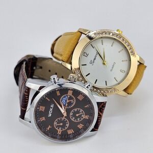 2X Watch Women 39MM Brown White Dial Brown Gold Faux Leather Bands NEW Battery